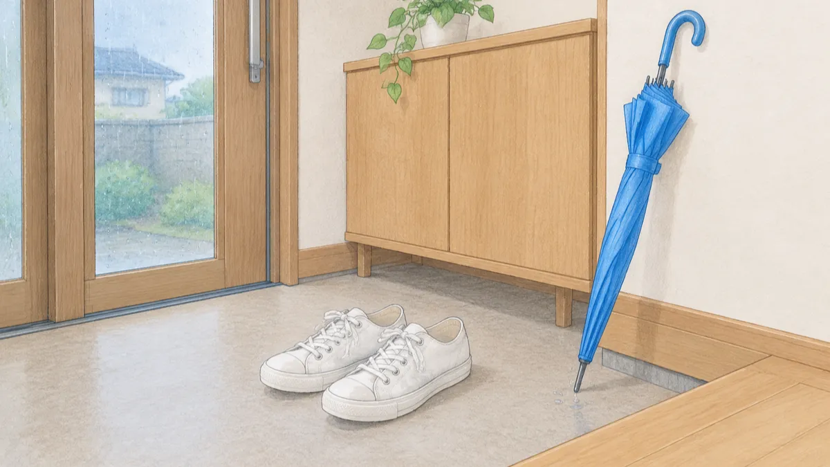 玄関のたたきに脱いだ濡れたスニーカーと壁に立てかけた閉じた傘から水が少し垂れている絵