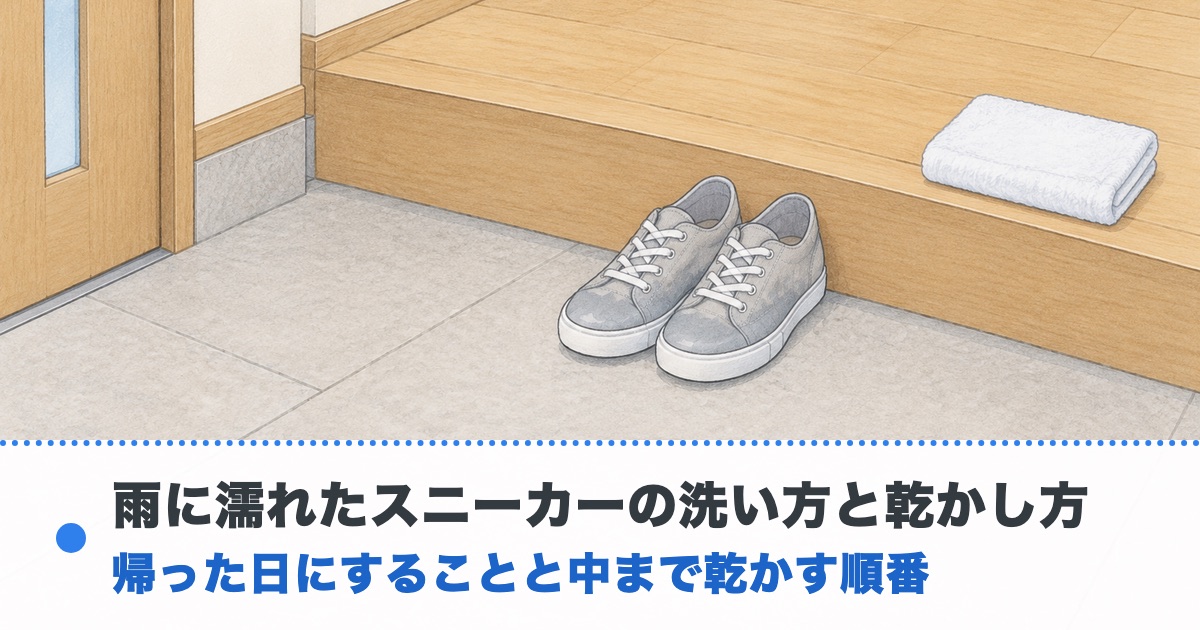 雨上がりの玄関のたたきに濡れて色の濃くなった布のスニーカーとたたんだタオルがある絵に雨に濡れたスニーカーの洗い方と乾かし方の文字