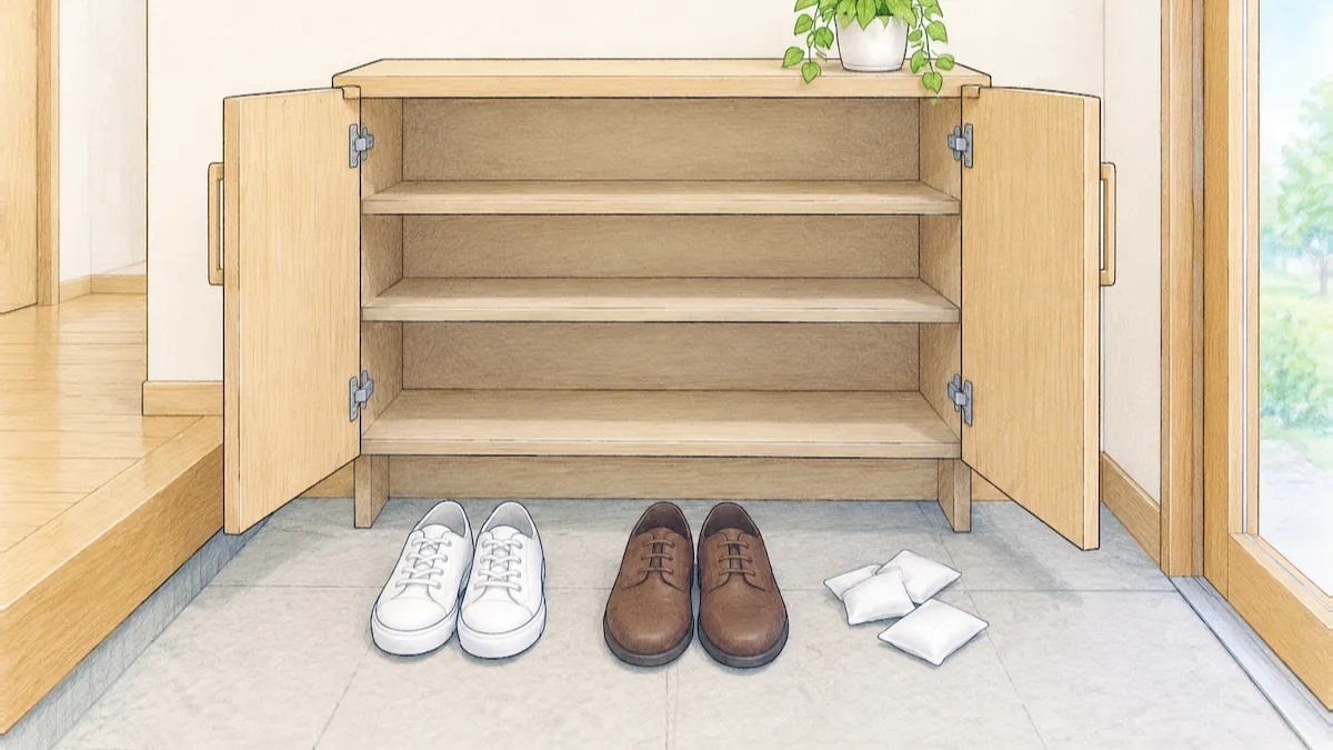 扉を開けた靴箱の前にスニーカーと革靴と白い乾燥剤の小袋が置かれた絵