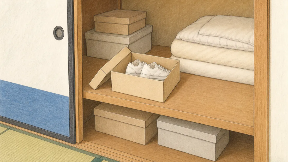押し入れの棚から出した靴の箱のふたが開き中の無地のスニーカーの底のふちに細いひびが小さく見える絵