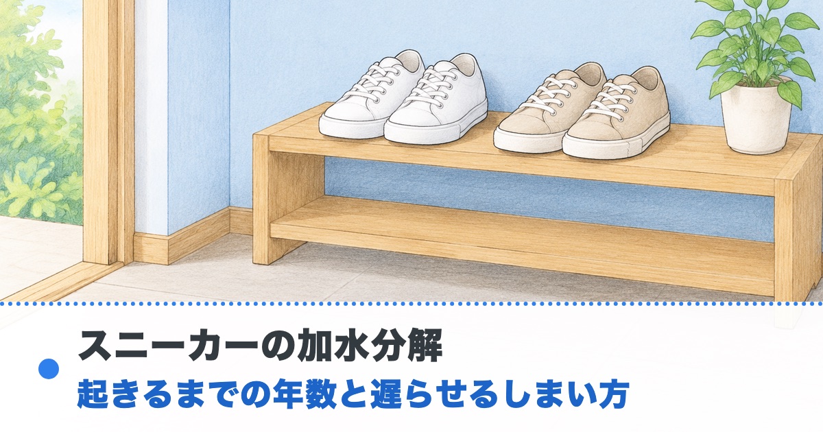 明るい玄関の棚に無地のスニーカーが2足並びその1足の底の横に細いひびが小さく見える絵にスニーカーの加水分解の文字