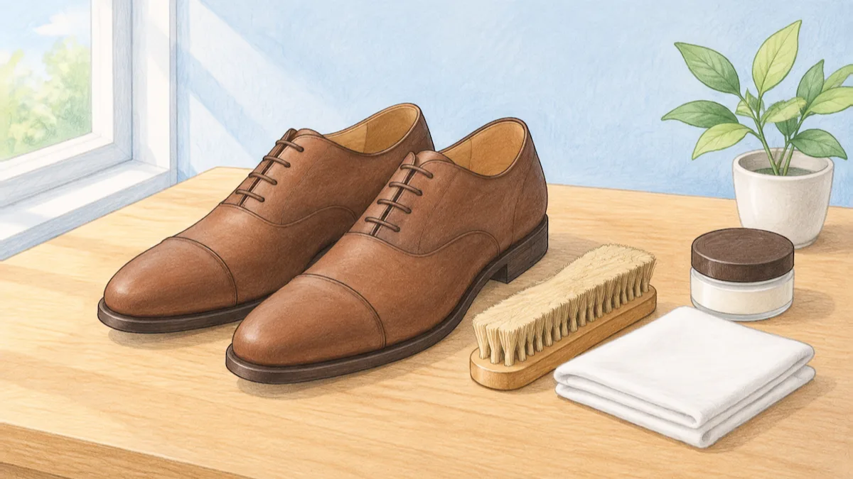 窓の光が入る木の机に茶色の革靴と馬毛のブラシと白い布とクリームの瓶が置かれた絵