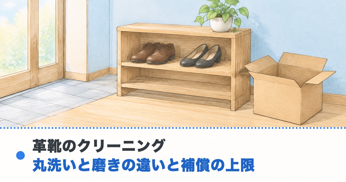 玄関の棚に紳士靴とパンプスが並び横に送る前の空の段ボール箱がある絵に革靴のクリーニングの文字