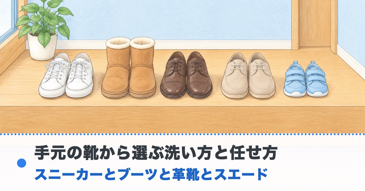 玄関の上がり框に白いスニーカーとムートンブーツと革靴とスエードの靴と子どもの運動靴が並ぶ絵に手元の靴から選ぶ洗い方と任せ方の文字