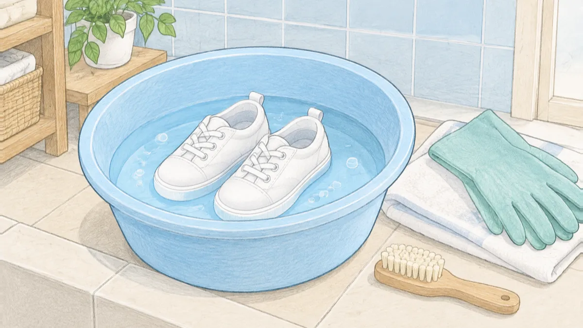 明るい洗い場の青い洗い桶に子どもの白い運動靴がつかりそばにブラシとたたんだゴム手袋が置かれた絵