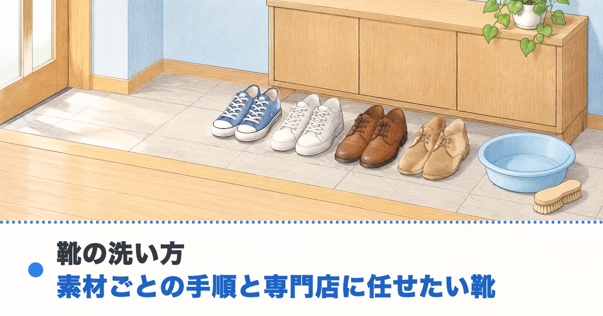 明るい玄関の床に布のスニーカーと合皮の靴と革靴とスエードの靴が並び空の洗い桶とブラシが置かれた絵に靴の洗い方の素材ごとの手順と専門店に任せたい靴の文字