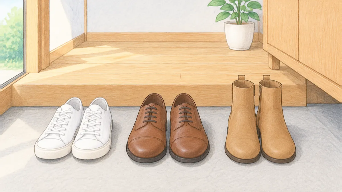 明るい玄関の床にスニーカーと革靴とブーツが1足ずつ並ぶ絵