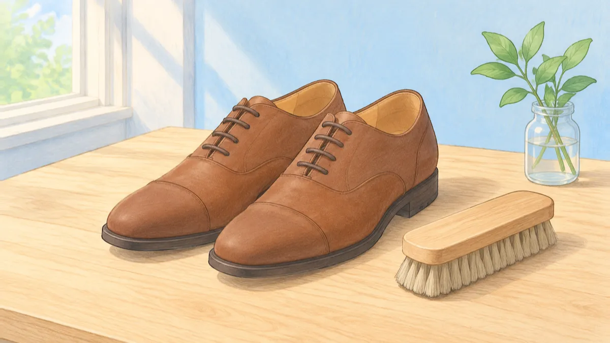 やわらかい光の中で木のテーブルに茶色の革靴とブラシが置かれた絵