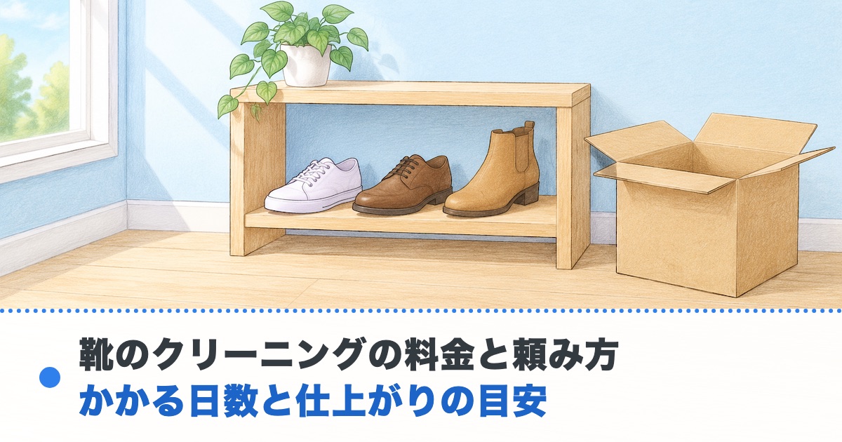 明るい棚にスニーカーと革靴とブーツが1足ずつ並び横に送る前の空の箱がある絵に靴のクリーニングの料金と頼み方の文字