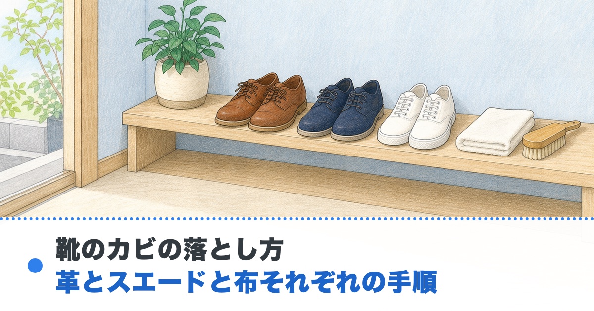 明るい玄関の棚に茶色の革靴と紺のスエードの靴と白い布のスニーカーと乾いた布とブラシが置かれた絵に靴のカビの落とし方の文字