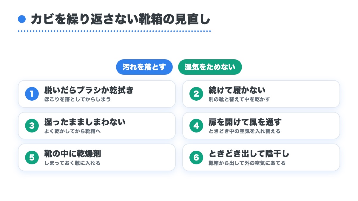脱いだらブラシか乾拭き 続けて履かない 湿ったまましまわない 扉を開けて風を通す 靴の中に乾燥剤 ときどき陰干しの6つの靴箱の見直しの図