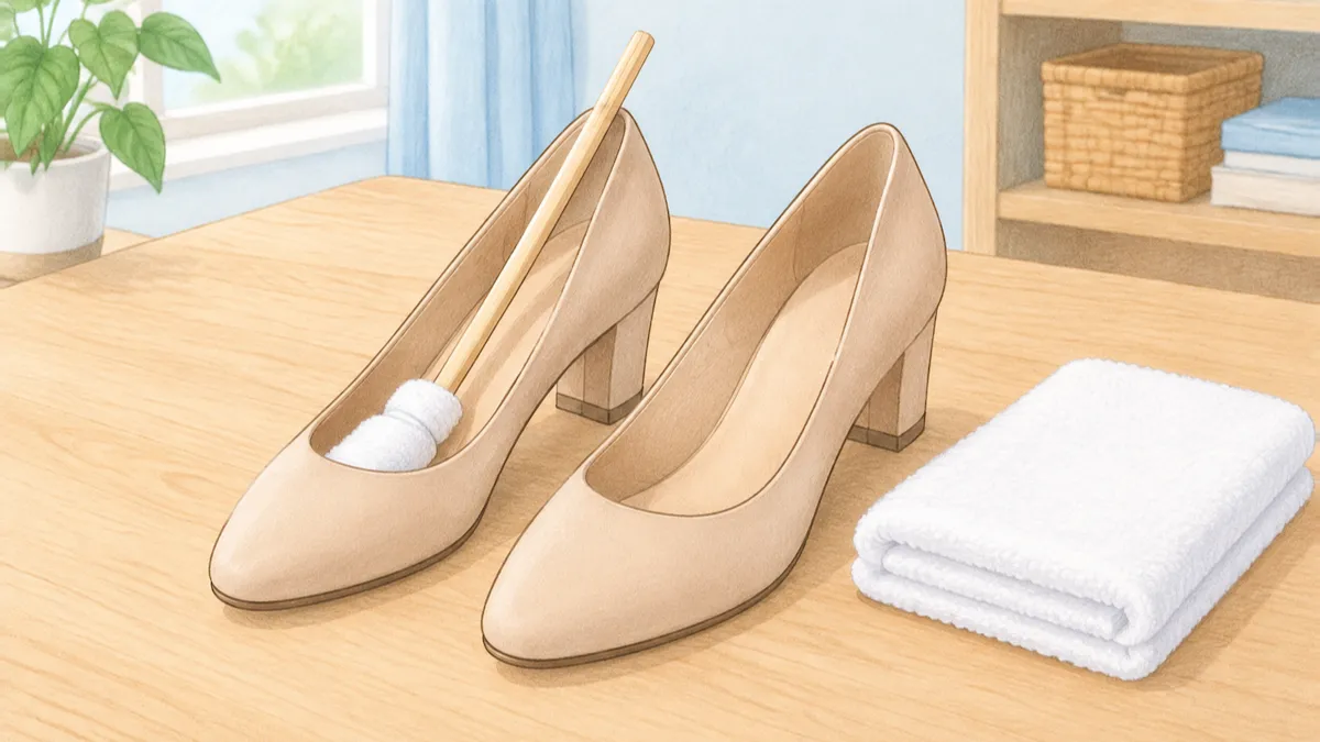 中敷きの貼ってある革のパンプスのつま先にタオルを巻いた細い棒が差し込まれている絵