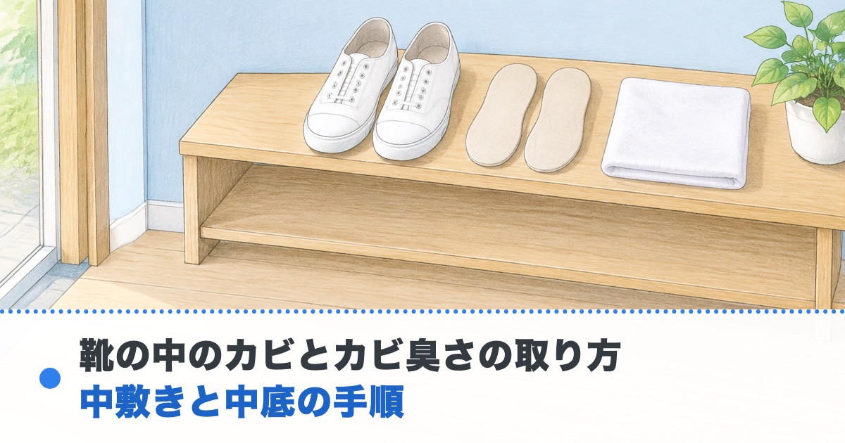明るい玄関の棚に中敷きを抜いた白いスニーカーと並べた中敷き2枚と乾いた布がある絵に靴の中のカビとカビ臭さの取り方の文字