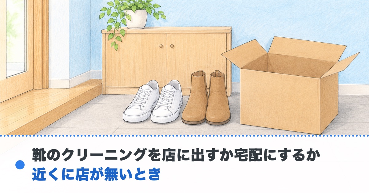 玄関の床にスニーカーとブーツが並び横に空の段ボール箱がある絵に靴のクリーニングを店に出すか宅配にするかの文字