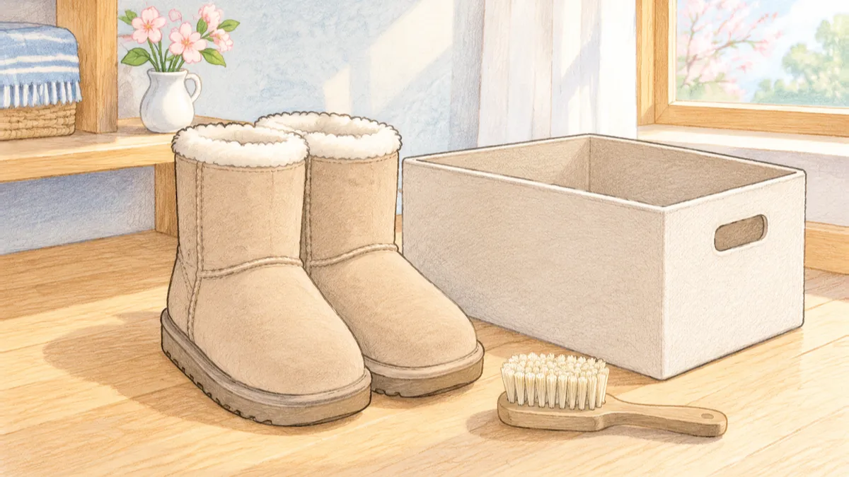春先の明るい部屋でしまう箱のそばに置いたムートンブーツ一足とブラシ