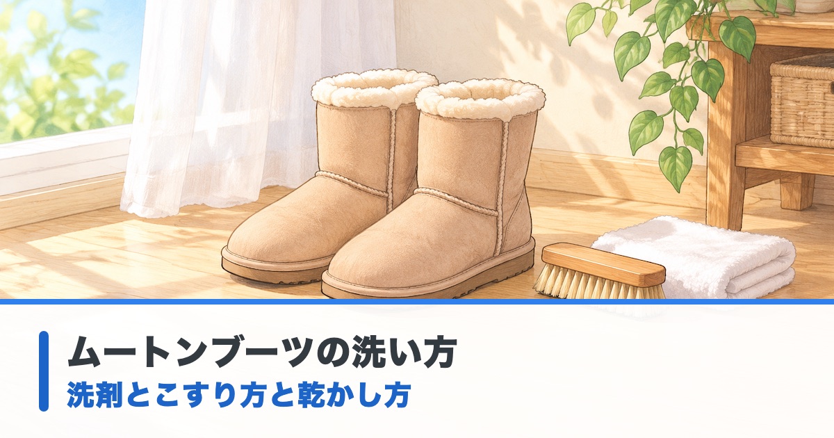 明るい部屋の日陰に置いたムートンブーツ一足とブラシとたたんだタオルの絵にムートンブーツの洗い方の文字