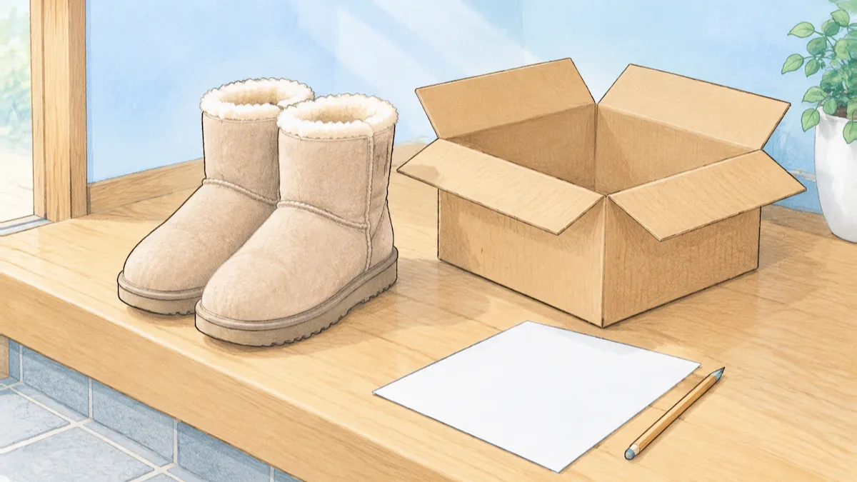 明るい玄関の段にムートンブーツと開いた空の箱と白い紙が置かれた絵