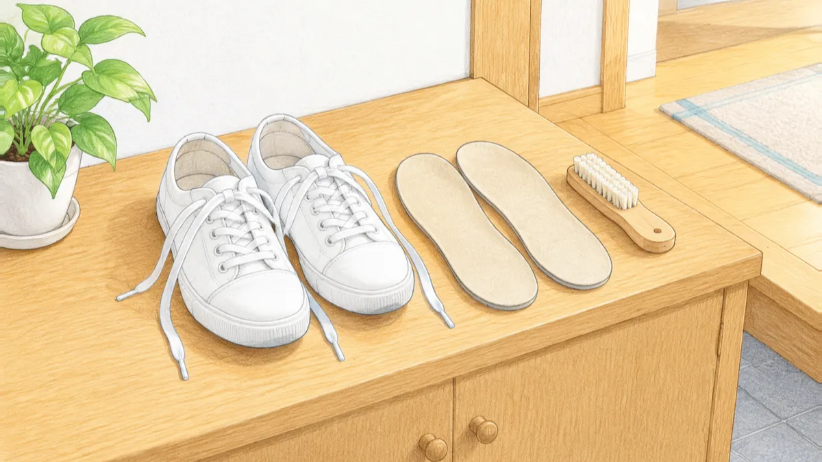玄関の靴箱の上に紐をゆるめたスニーカーと外した中敷きと靴用ブラシが置かれた絵