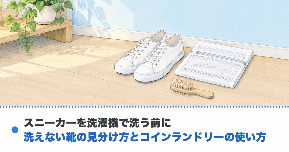 洗面所の床に白い布のスニーカー一足と洗濯ネットと靴用ブラシが置かれた絵にスニーカーを洗濯機で洗う前にの文字