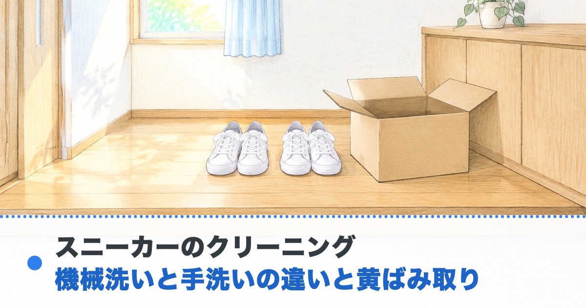 明るい玄関に白いスニーカー2足と送る前の箱が並ぶ絵にスニーカーのクリーニングの機械洗いと手洗いの違いと黄ばみ取りの文字