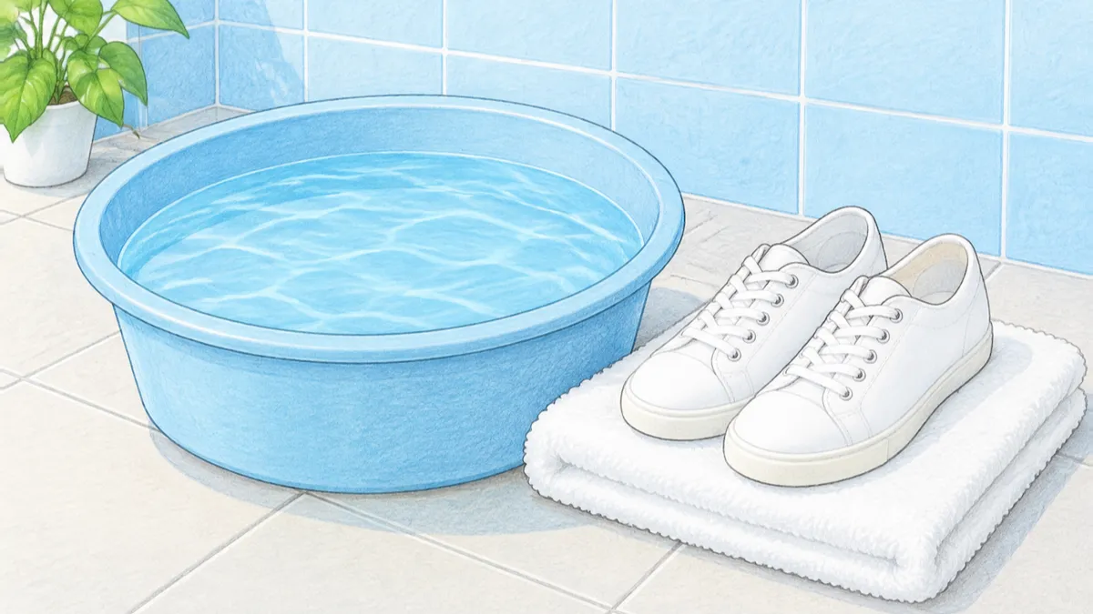 水を張ったたらいのそばにたたんだタオルと白い布のスニーカーが置かれた絵