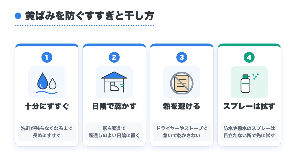 十分にすすぐ・日陰で乾かす・熱を避ける・防水や撥水のスプレーは試すの4つを並べた図