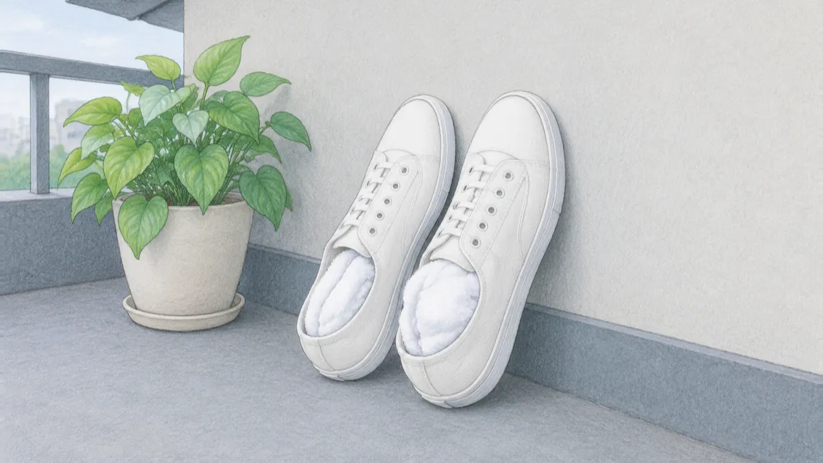 ひさしの下の日陰でタオルを詰めたスニーカーがかかとを下にして壁に立てかけてある絵