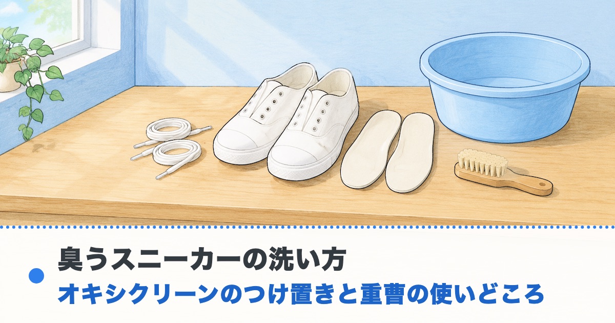 明るい洗面所の台にひもと中敷きを外した白いスニーカーと空の洗い桶とブラシがある絵に臭うスニーカーの洗い方の文字