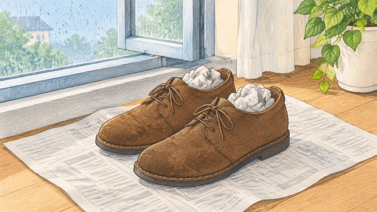新聞紙を詰めた茶色のスエードの靴を風通しのよい日陰で乾かしている絵
