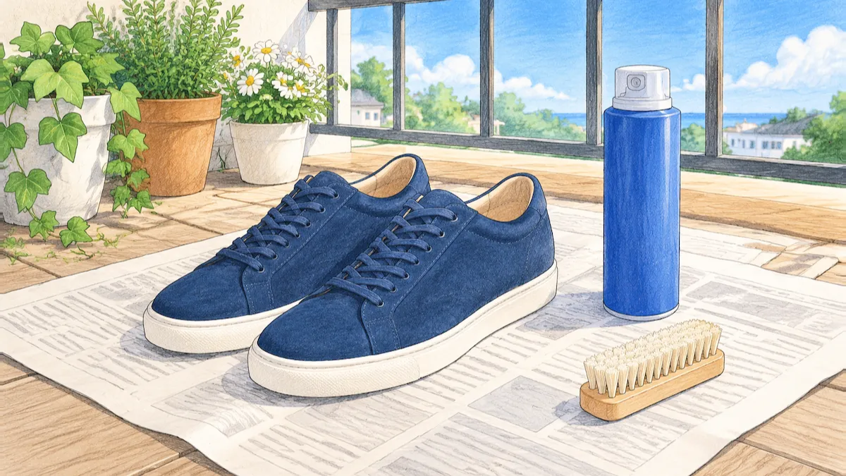 屋外のベランダで新品の紺のスエードのスニーカーのそばに防水スプレーとブラシを置いた絵