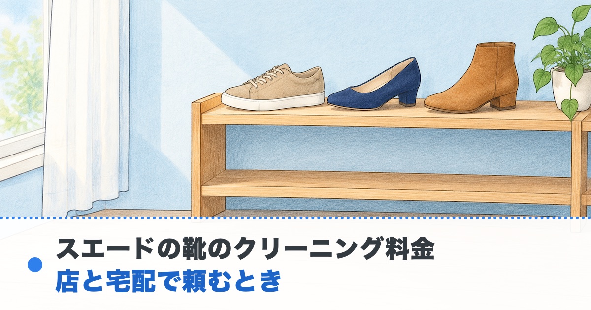 明るい木の棚にスエードのスニーカーとパンプスと短いブーツが1足ずつ並ぶ絵にスエードの靴のクリーニング料金の文字