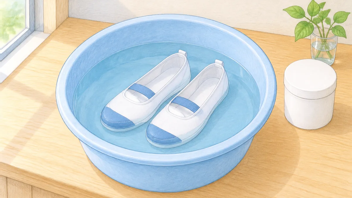 水を張った洗面器に沈めた白い上履きとふたを閉めた無地の容器が並ぶ絵
